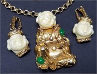 Jeweled Buddha Necklace & Earring Set, Signed