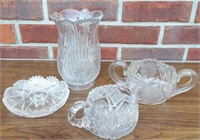 EAPG lot-creamer and sugar set, vase and trinket