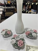 3 Floral Candle Holders & Milk Glass Vase