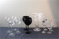 Crystal vase, 9.75"H,  two black red wine 8" glass