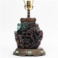CHINESE CARVED JADE BOTTLE MOUNTED AS A TABLE LAMP