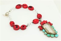 Sterling Silver Turquoise Coral & Quartz Necklace