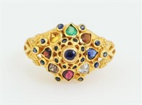 14K Gold Ring w/Sapphire Emerald Garnet +Size 7.75