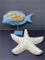 Wooden Star Fish and Metal Fish on Stand