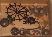 Flat of Vtg. Iron toys w/ toy cast iron stove and
