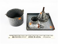 Vintage Gray Granite Tray, 2 Funnels and