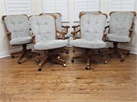 (6) Oak Rolling Dining Chairs w/ Snap-On Cushions