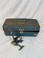 Vintage metal tackle box and Shakespeare fishing