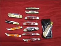 12 pocket knives: 2 no name (1 has sheath),