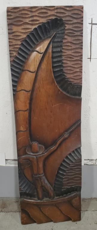 (E)  Wood Carving of Man on Sailboat by Juran Dir