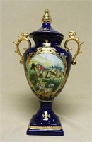 Serves Style Fox Hunt Scene Cobalt Porcelain Urn.