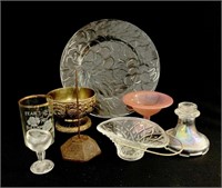 Lot of assorted household items including a glass