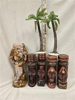 Carved Jamaican Faces, Tiki Candle Holder & Palm