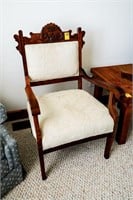 Antique Carved Back Arm Chair w/Tan Upholstering