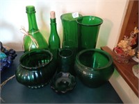 Great 9 piece lot of green and blue glass