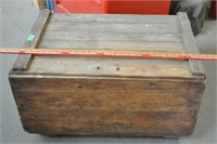 Rustic wood box with hinged lid, on casters