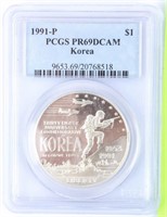 Coin 1991-P Korea Siilver Dollar PCGS PR69DCAM