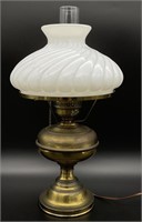 Large Brass Lamp w/Milk Glass Shade Electric