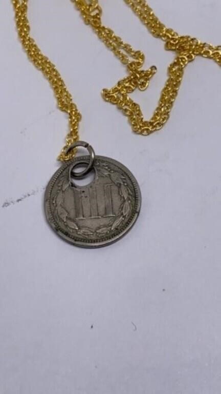 1866 3-cent piece on gold tone chain