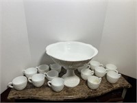 MILK GLASS PUNCH BOWL 14 CUPS 13 1/4" D X 10"