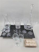 Marble-look tray/decanter and glasses/pitcher