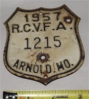 Vtg 1957 RCVFA 1215 Arnold MO Badge Plate