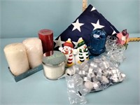 US flag, blue glass fairy lamp, candles,