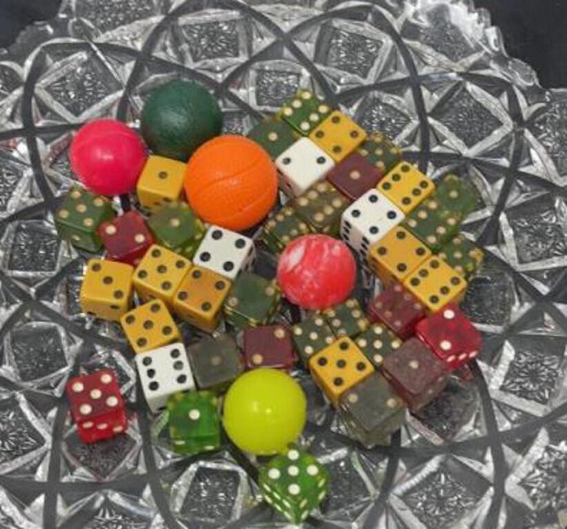 Old dice, rubber plastic balls