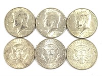 6 Kennedy 40% Silver Half Dollars, Halfs, US Coins