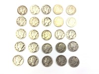 25 Silver Dimes: 18 Mercury, 7 Roosevelt, US Coins