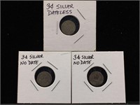 3 Silver 3-Cent Pieces Coins in flips - No Dates