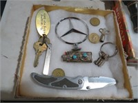 STERLING LIGHTER, MERCEDES EMBLEM,KNIFE,KEYS COINS