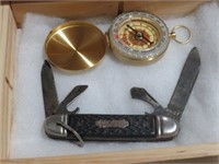 ANTIQUE CAMPER KNIFE & BRASS COMPASS