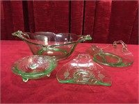 4 Green Depression Glass Dishes