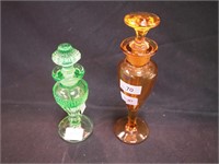 Two vintage perfume bottles: 5" cut glass green