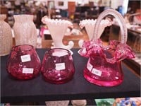 Three cranberry items: 7 1/2" basket with clear