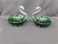Two Cambridge emerald green Swan candle holders