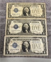 (3) 1928 $1 Blue Seal Silver Certificates