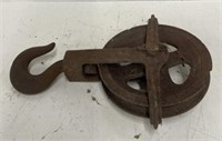 (T) Antique Cast Iron Pulley and Hook, Vintage