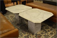 Pair of square white marble side tables
