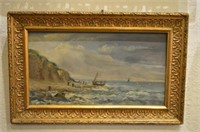 Small antique oil on panel seascape painting