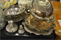 Tray of assorted silver plate serving pieces
