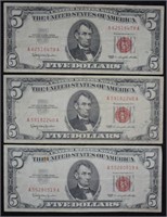 1963 $5 U.S. Five Dollar Red Seal; 3 pcs