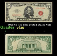 1963 $5 Red Seal United States Note Grades vf++