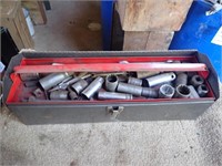 Metal Tool Box w/ Sockets, Pliers, Hose Clamp,