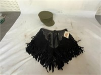 MILITARY HAT AND LEATHER  FRINGED SHORTS