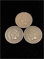 Three Antique 1C Indian Head Penny Coins- 1906
