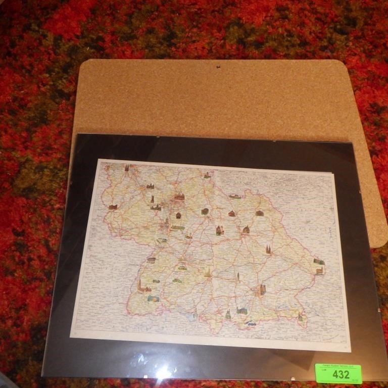 FRAMED VINTAGE MAP OF GERMANY, CORK BOARD