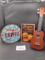 Vintage Childs Guitar, Coffee Sign,  Burger Sign