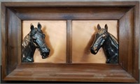 Vintage Framed 3D Brass Horse Heads on Copper